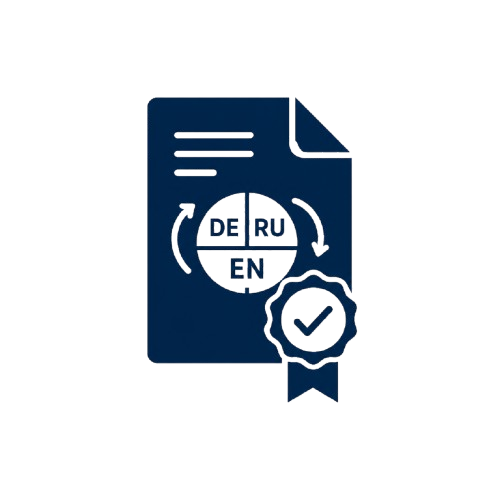 Logo von Urkunden-Übersetzung24 mit Dokument, Sprachsymbolen DE, RU und EN sowie Beglaubigungssiegel.